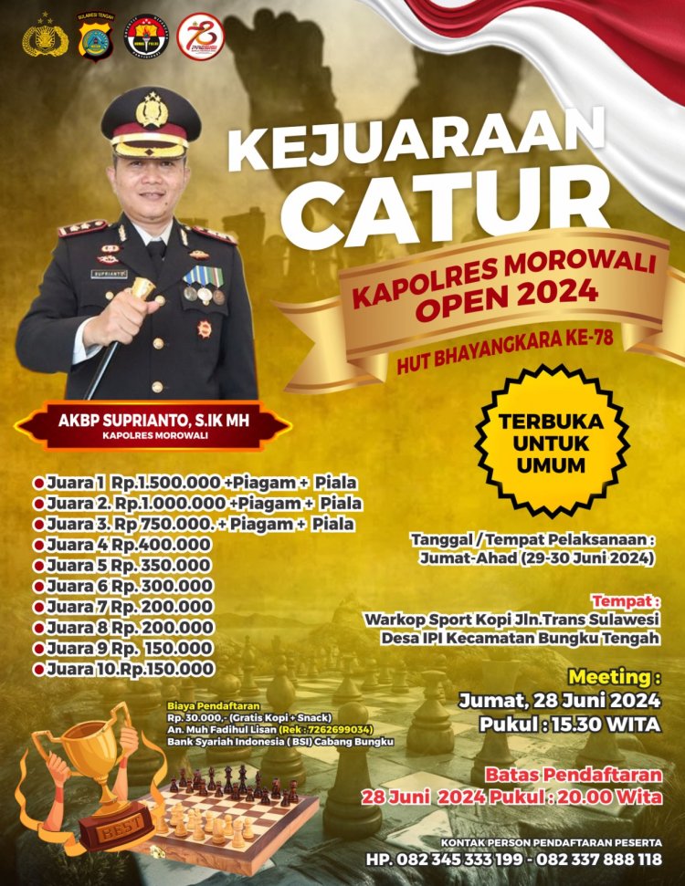 Kejuaraan Catur Kapolres Morowali Cup 2024 Akan Digelar, Semarak Sambut Hari Bhayangkara ke 78